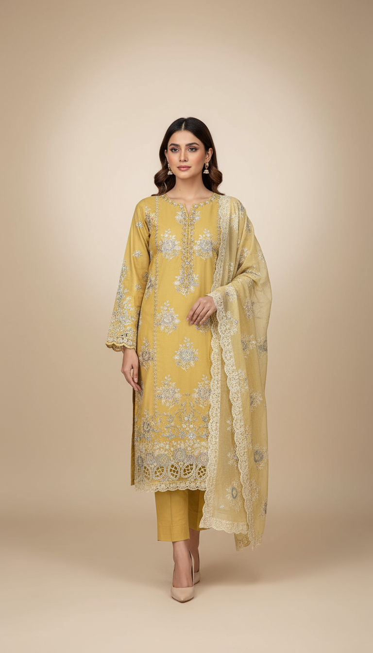 Mustard Yellow Embroidered Cotton Suit with Silver Zari Work and Scalloped Lace